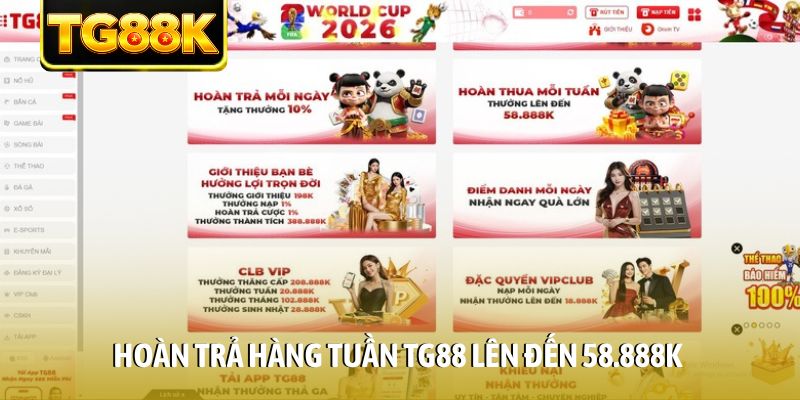Hoàn trả hàng tuần TG88 lên đến 58.888K